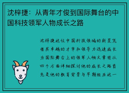 沈梓捷：从青年才俊到国际舞台的中国科技领军人物成长之路
